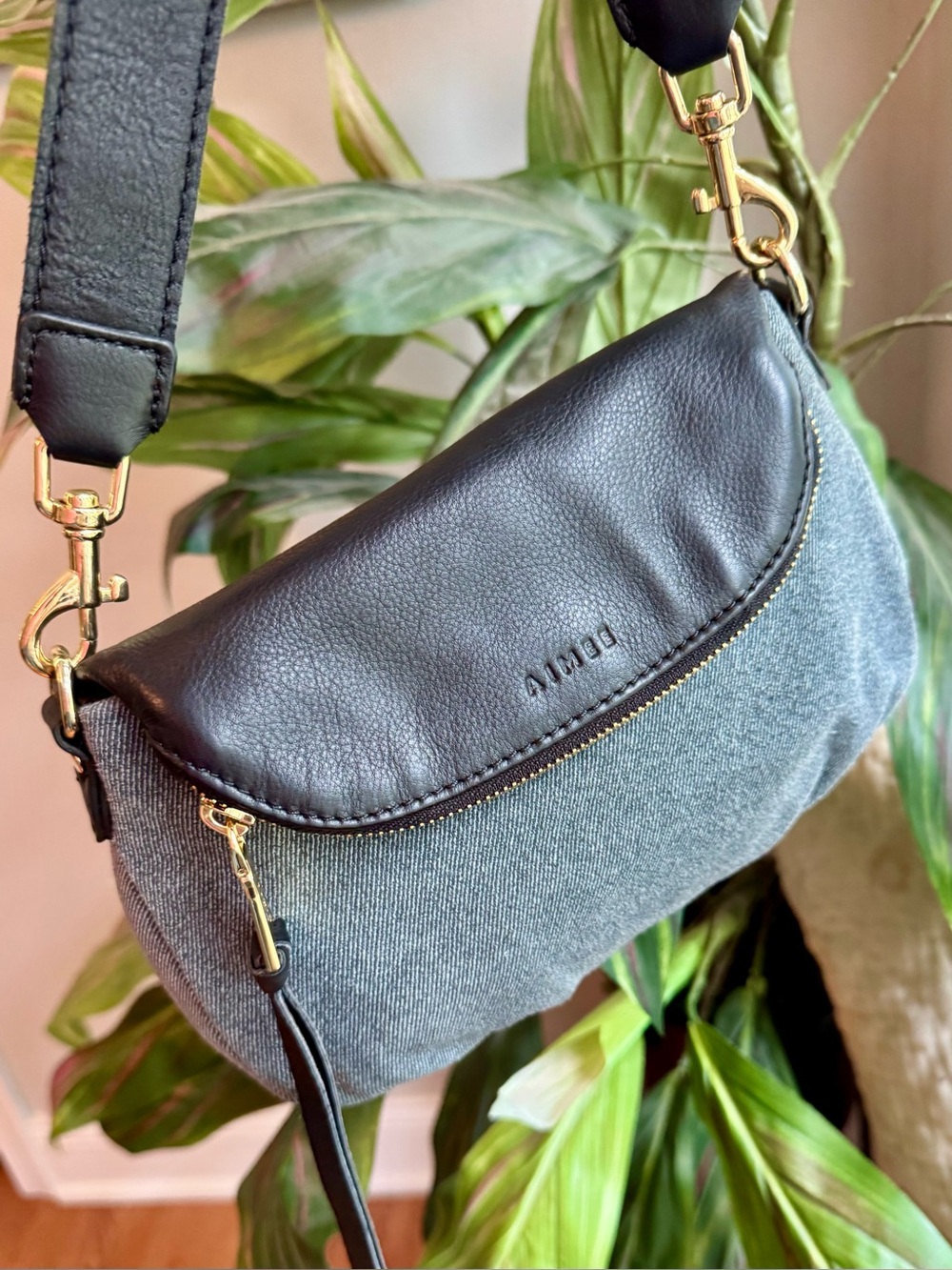 Aimee Kestenberg Leather Denim Crossbody w/ 2 way rainbow LOVE strap